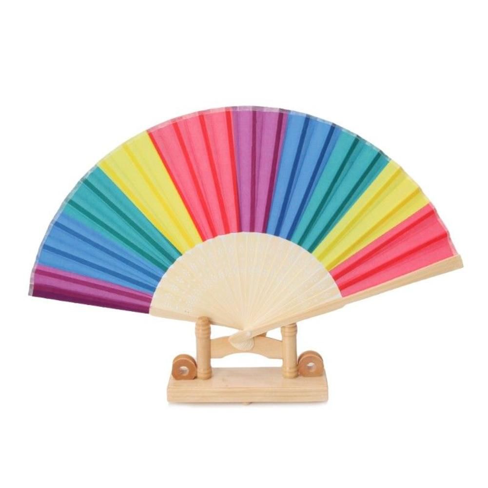 Wedding Rainbow Flower Fans Wind Frame Hand Fabric Bamboo 7-inch Held Gift Fan Colorful Dance Folding Party