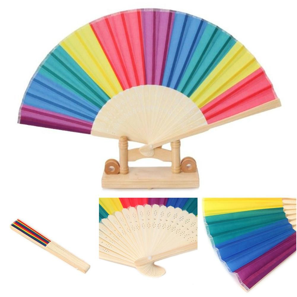 Wedding Rainbow Flower Fans Wind Frame Hand Fabric Bamboo 7-inch Held Gift Fan Colorful Dance Folding Party
