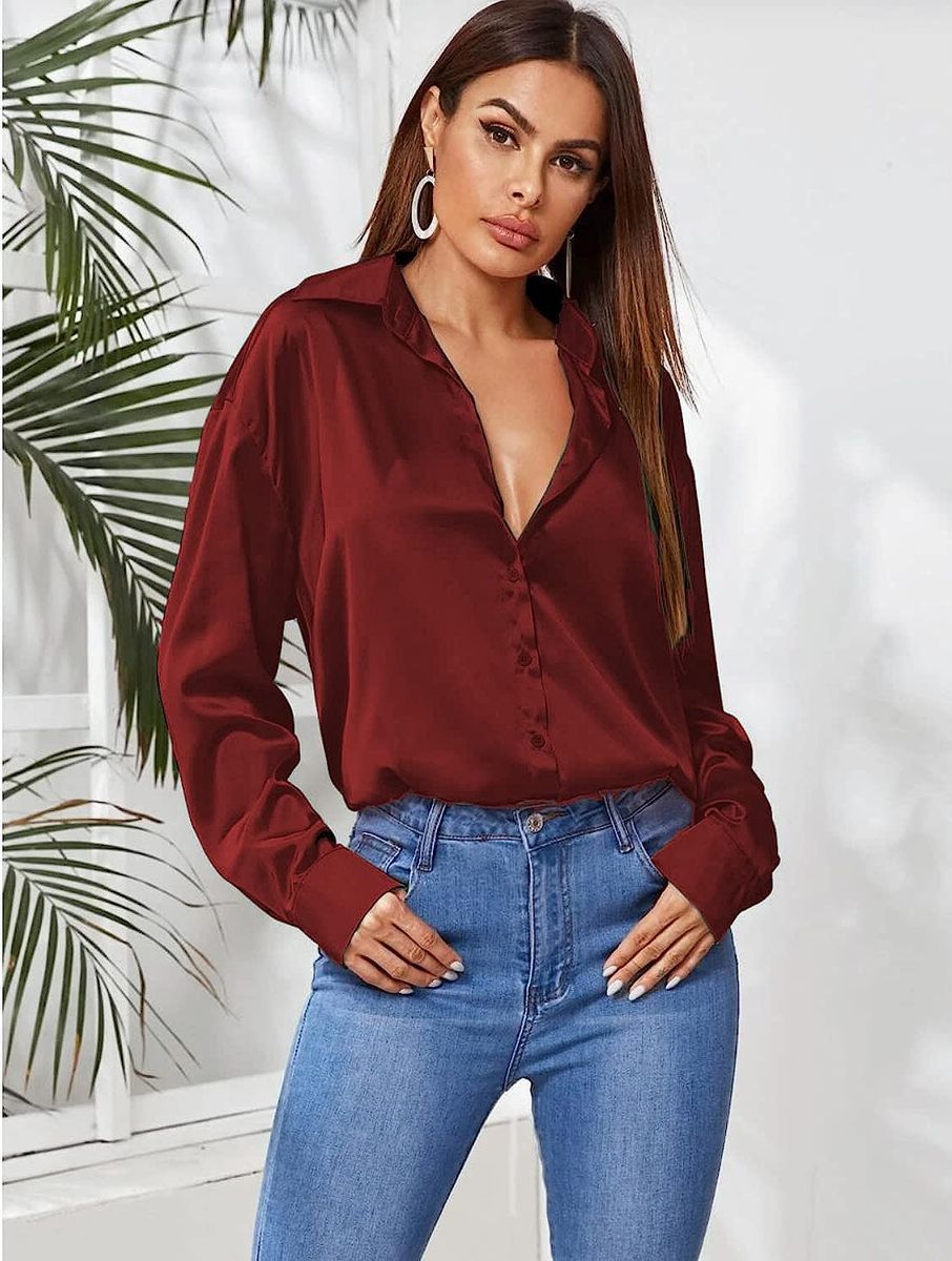 Wine Red Button Down Satin Silk Shirt Long Sleeve Ladies Women Top Blouse