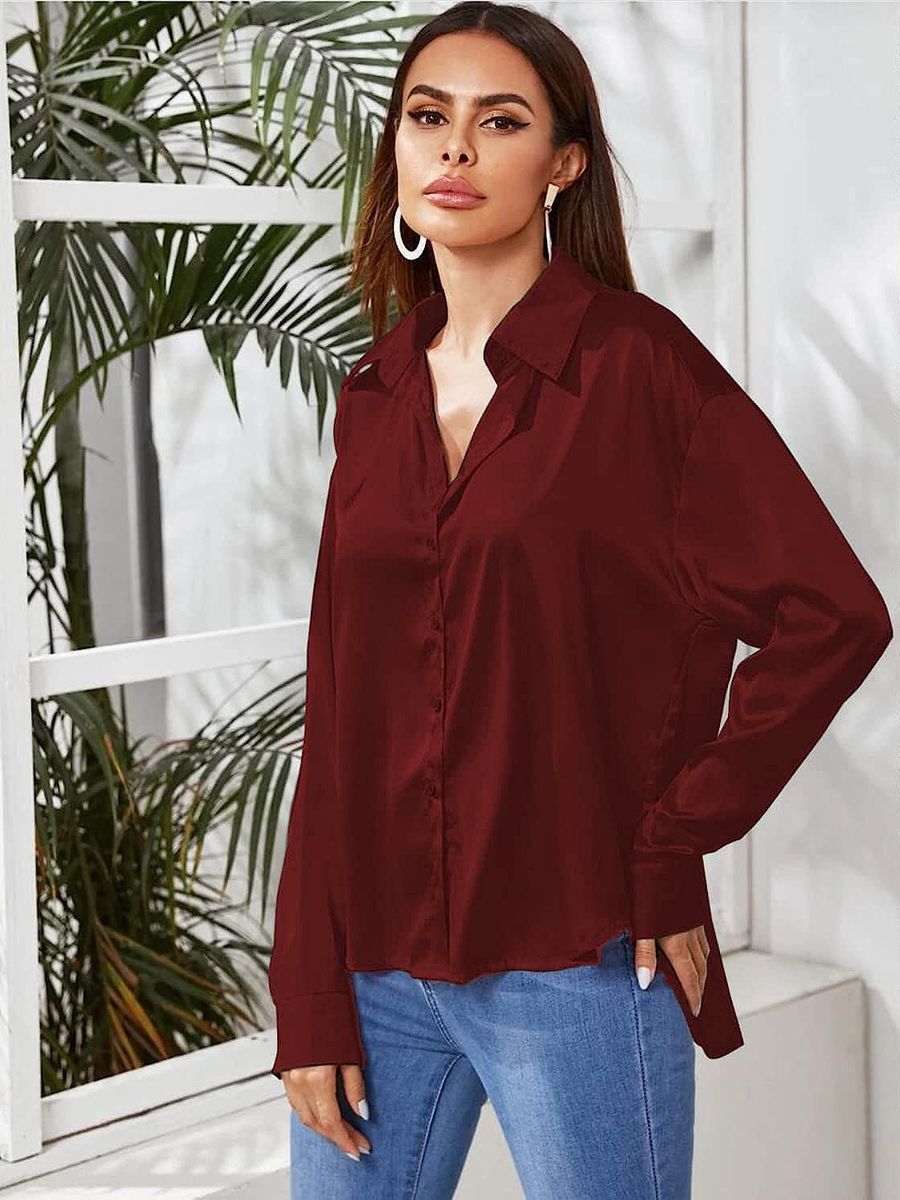 Wine Red Button Down Satin Silk Shirt Long Sleeve Ladies Women Top Blouse