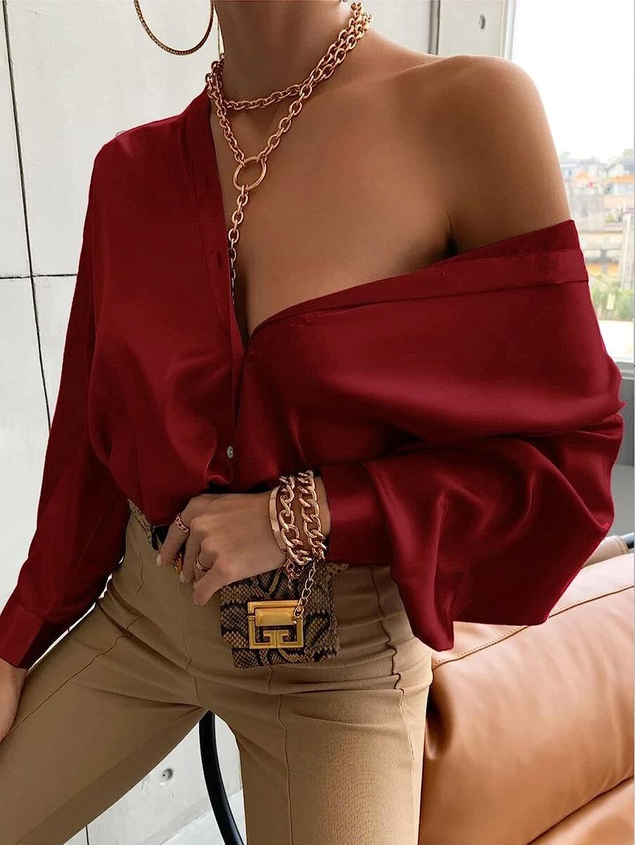 Wine Red Button Down Satin Silk Shirt Long Sleeve Ladies Women Top Blouse