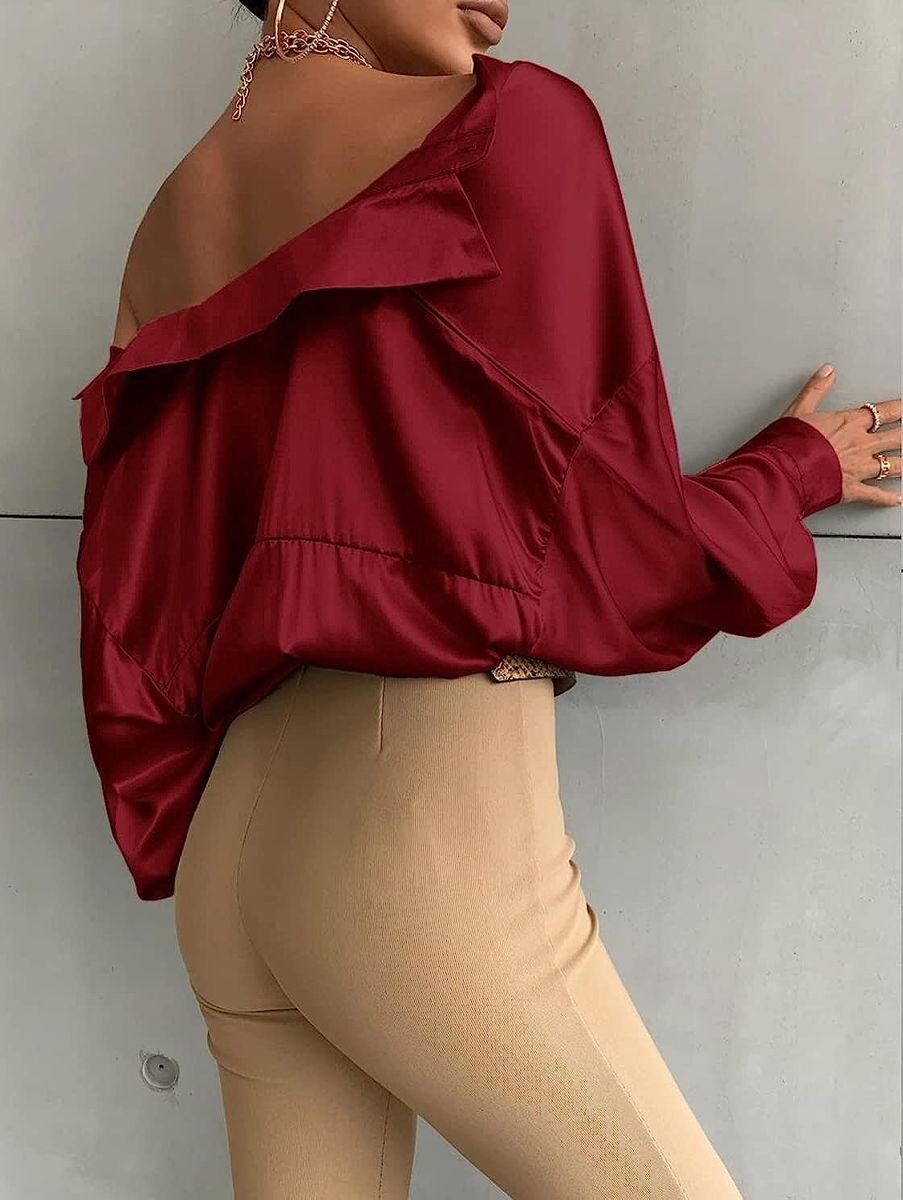 Wine Red Button Down Satin Silk Shirt Long Sleeve Ladies Women Top Blouse
