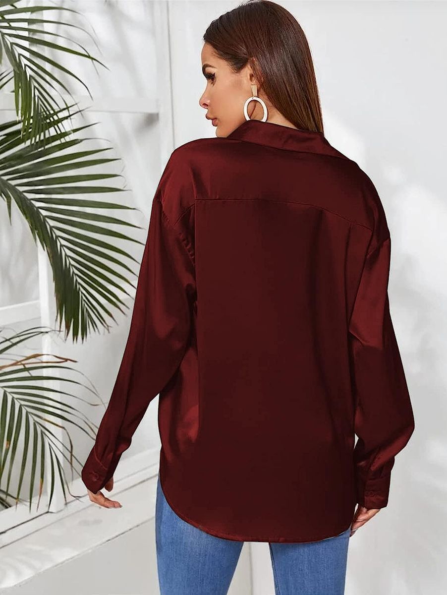 Wine Red Button Down Satin Silk Shirt Long Sleeve Ladies Women Top Blouse