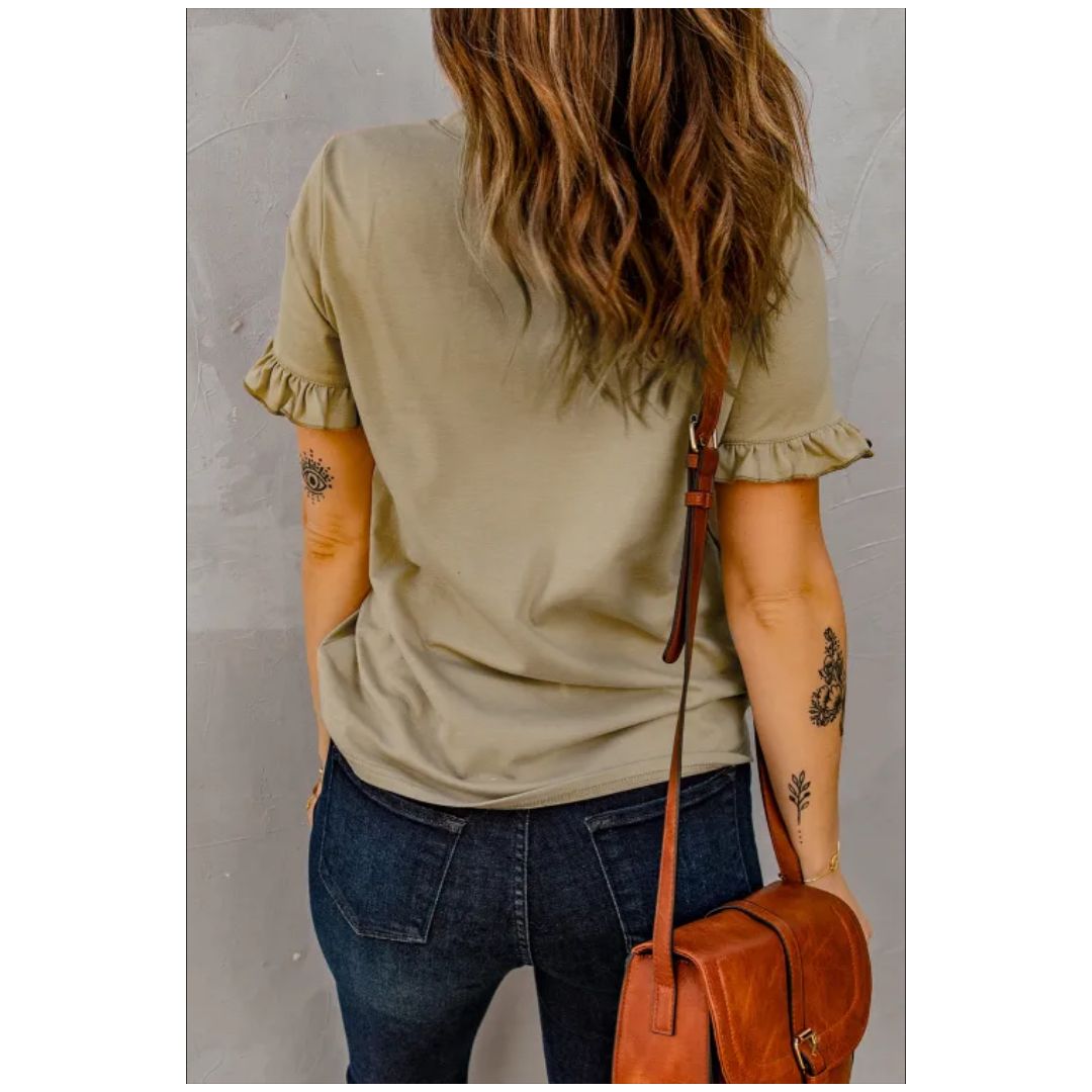 Mfed Khaki Solid Ruffled Short Sleeve Tribal Shirt
