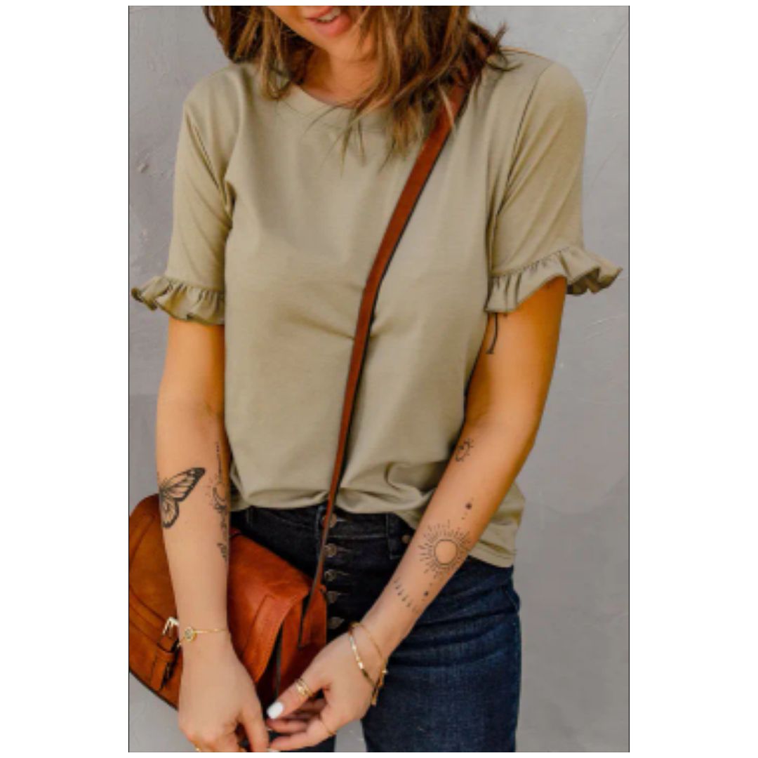 Mfed Khaki Solid Ruffled Short Sleeve Tribal Shirt