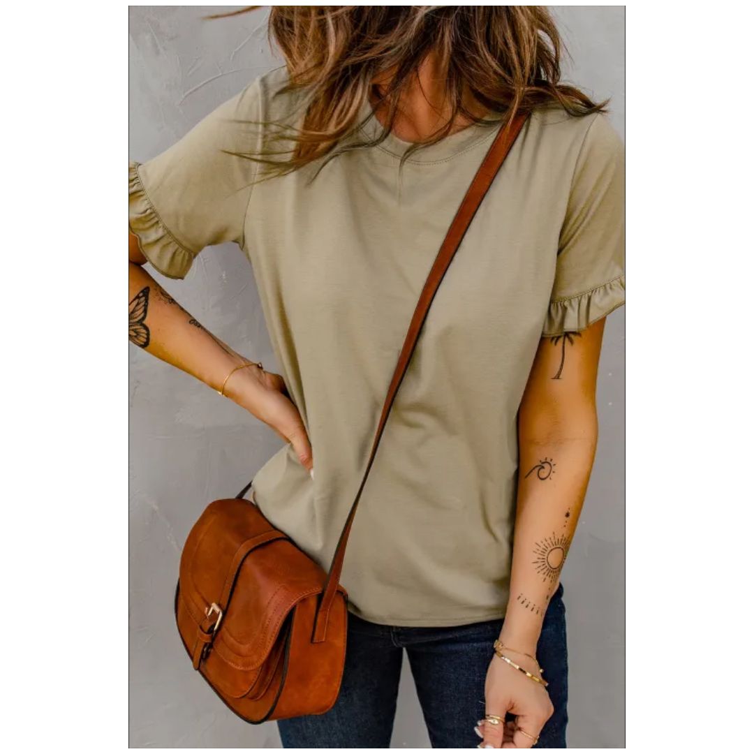 Mfed Khaki Solid Ruffled Short Sleeve Tribal Shirt