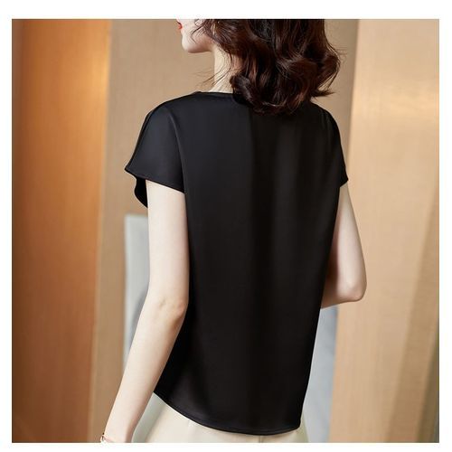 Black Satin Silk Blouse Ladies Woman Short Sleeve Top