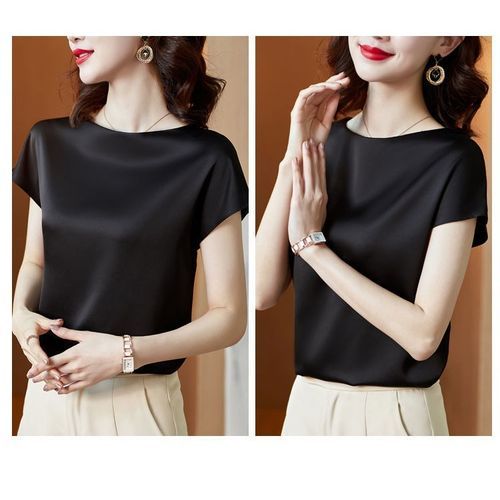 Black Satin Silk Blouse Ladies Woman Short Sleeve Top