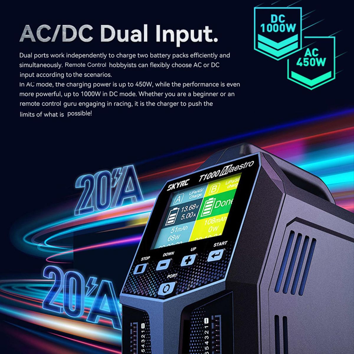 SKYRC T1000 Maestro Charger, AC/DC Dual Balance Charger 450W 1000W Battery Charger for Remote Control Model EU Plug