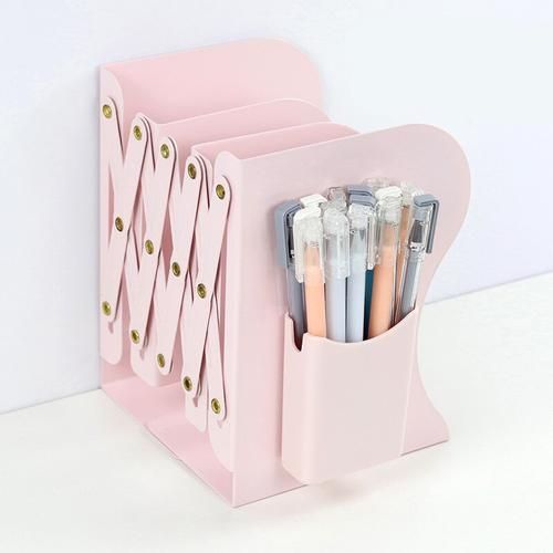 Metal Retractable Bookends With Pen Holder Book Support Stand Holder Shelf Adjustable Bookshelf Magazine Organizer Office Supply
