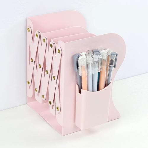 Metal Retractable Bookends With Pen Holder Book Support Stand Holder Shelf Adjustable Bookshelf Magazine Organizer Office Supply