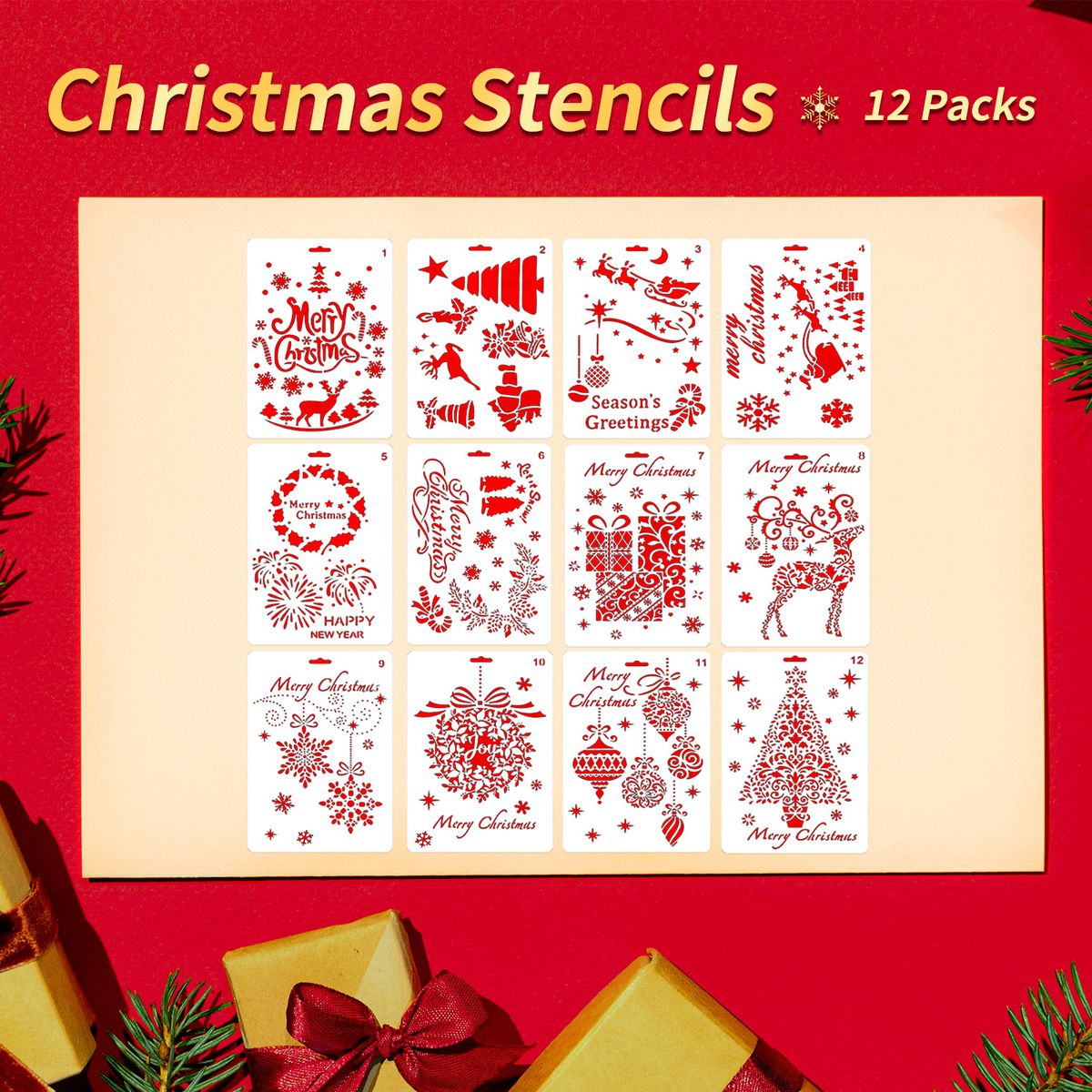 12pcs Drawing Stencils Christmas Painting Template Trees