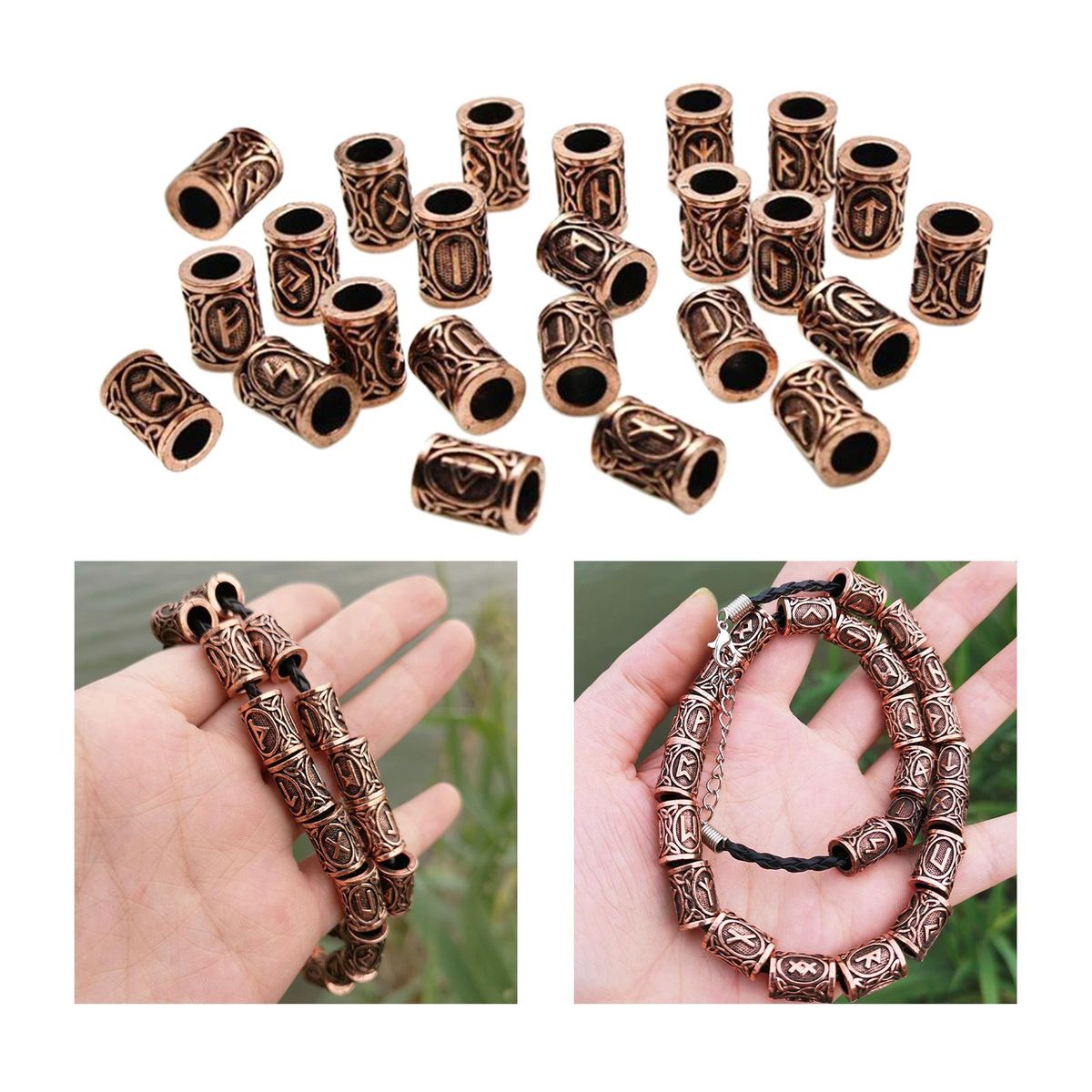 24x Viking Runes Charms Bead Retro Hair Beard Rings Metal For Necklace