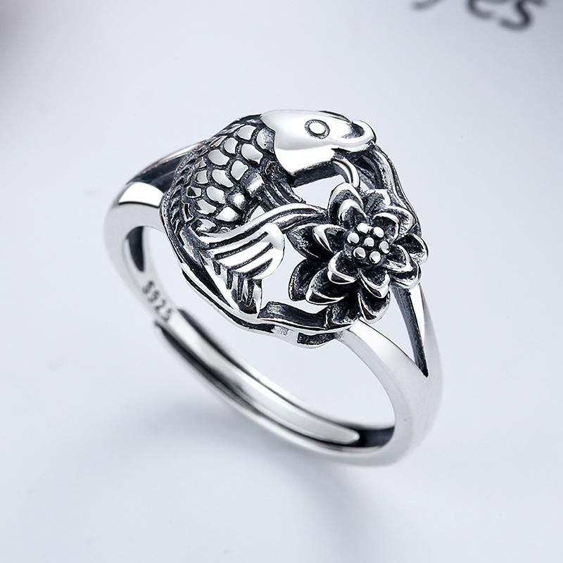 S925 Sterling Silver Has More than Lotus Ring Retro Ethnic Year by Year Old Carp All-Match Open Mouth Couple's Ring Ornament
