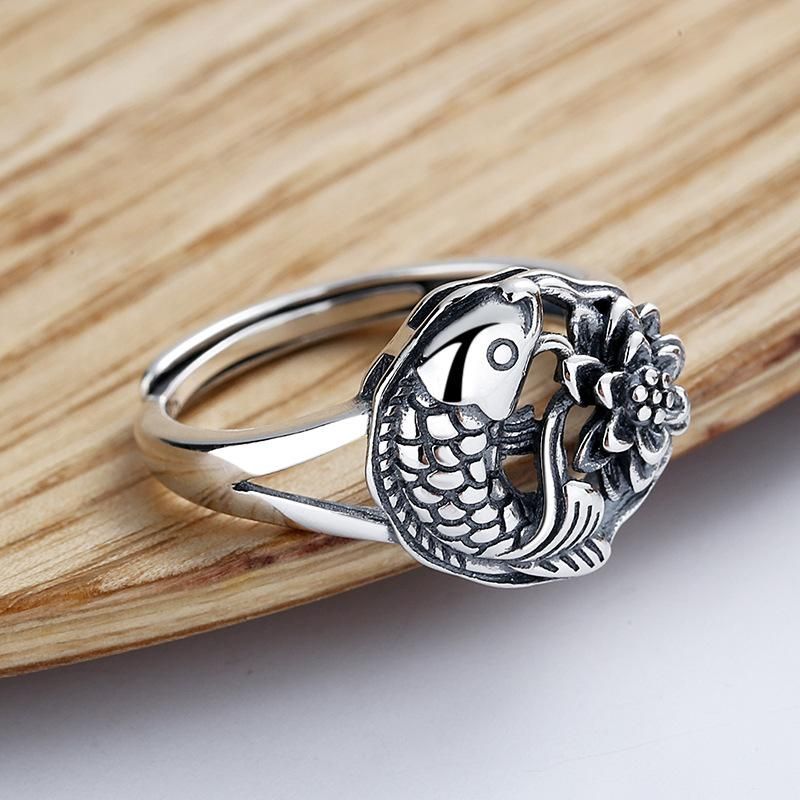 S925 Sterling Silver Has More than Lotus Ring Retro Ethnic Year by Year Old Carp All-Match Open Mouth Couple's Ring Ornament