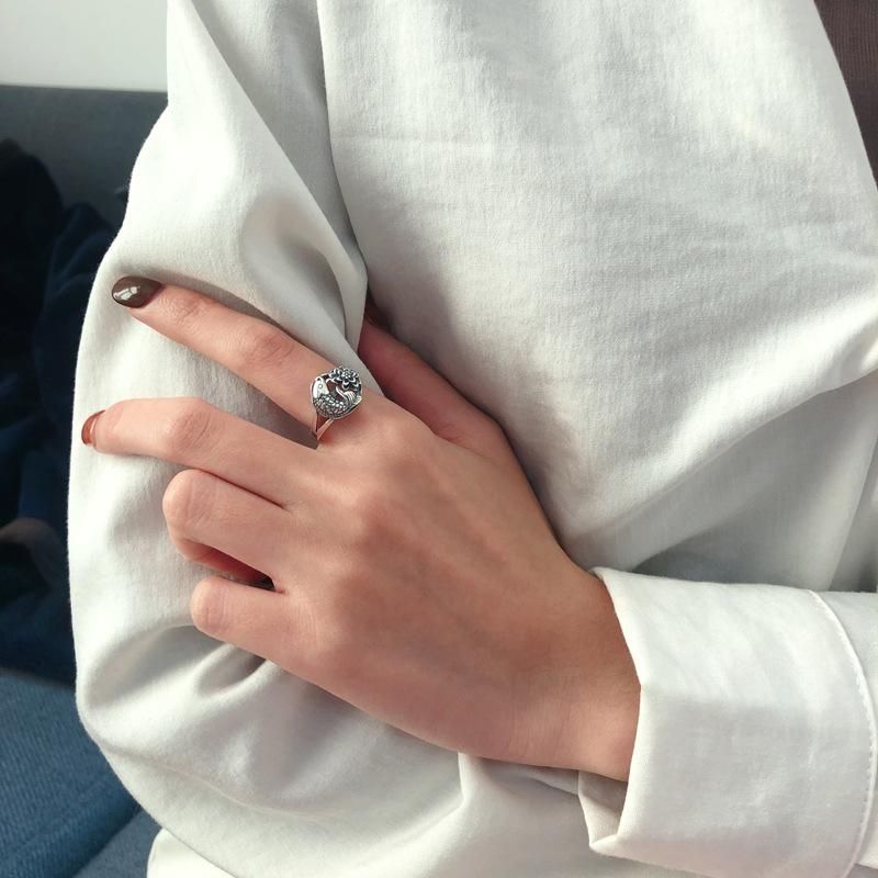 S925 Sterling Silver Has More than Lotus Ring Retro Ethnic Year by Year Old Carp All-Match Open Mouth Couple's Ring Ornament