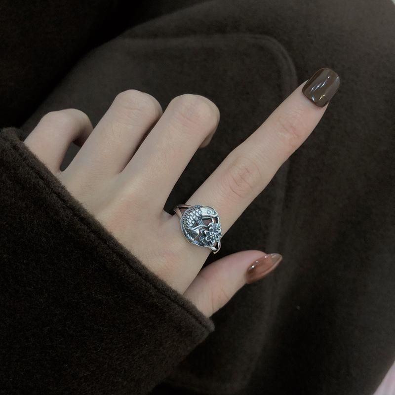 S925 Sterling Silver Has More than Lotus Ring Retro Ethnic Year by Year Old Carp All-Match Open Mouth Couple's Ring Ornament