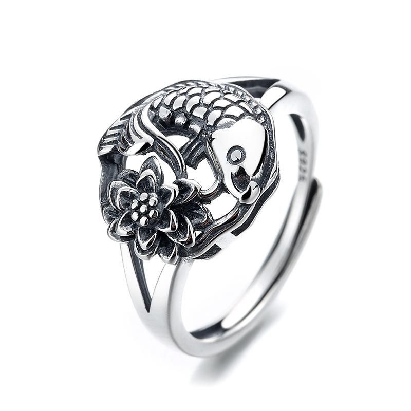 S925 Sterling Silver Has More than Lotus Ring Retro Ethnic Year by Year Old Carp All-Match Open Mouth Couple's Ring Ornament