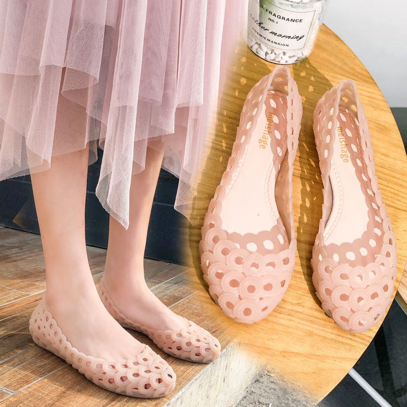 Rain Boots Women Shallow Low Top Flat Bottom Hollow Sandals Shoes Jelly Powder