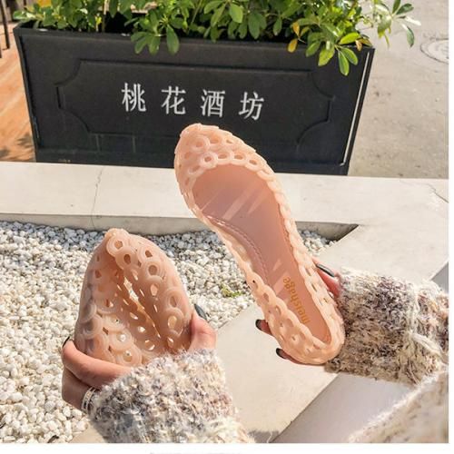 Rain Boots Women Shallow Low Top Flat Bottom Hollow Sandals Shoes Jelly Powder