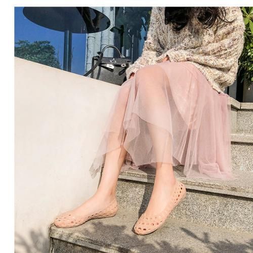 Rain Boots Women Shallow Low Top Flat Bottom Hollow Sandals Shoes Jelly Powder