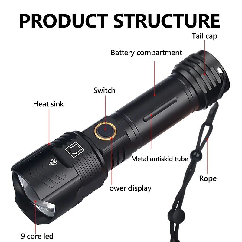 100000lm XHP199LED Flashlight 9CORE USB Rechargeable