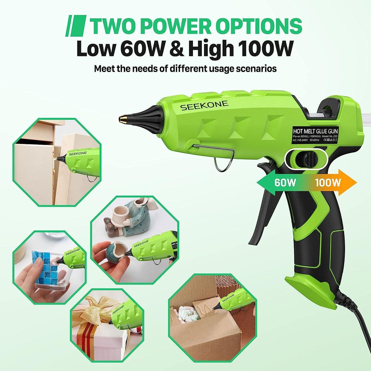 Hot Glue Gun, 60/100W Dual Power High Temp Heating Glue Gun Kit with 20pcs Glue Sticks, No Drip and Leakage Design, Electric Glue Gun for DIY, Arts, Crafts, Quick Home Repairs, Sealing