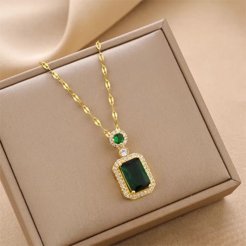 Crystal Emerald Green Square Stoned Pendant Necklace- Gold
