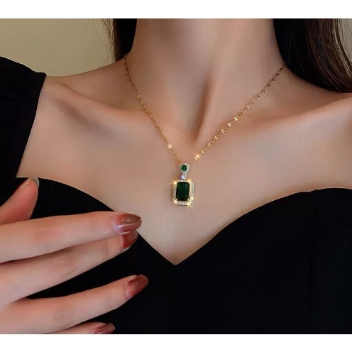 Crystal Emerald Green Square Stoned Pendant Necklace- Gold