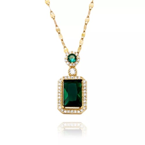 Crystal Emerald Green Square Stoned Pendant Necklace- Gold