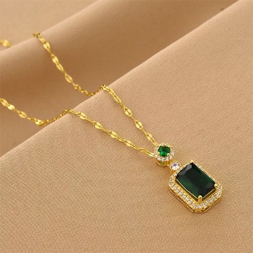 Crystal Emerald Green Square Stoned Pendant Necklace- Gold