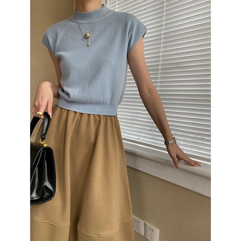 Sinan French Simple and Elegant Half High Neck Wrap Shoulder Sleeve Knit Shirt Design Sense 2023
