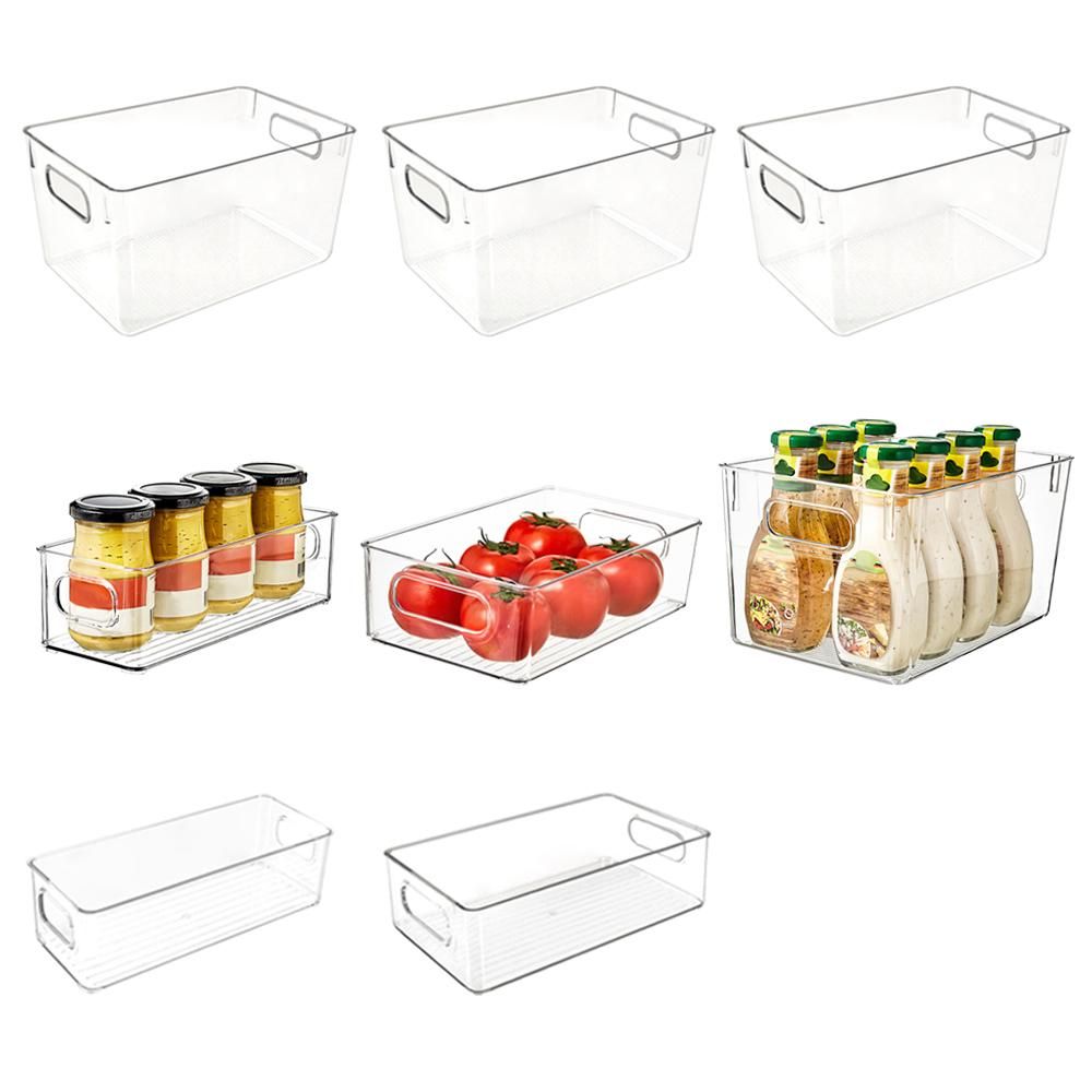 8Pcs Fridge Organizer 4 Large 2 Medium 2 Small BPA Free Fridge Organizer Set with Handle PET Transparent Stackable Suitable for Cabinet Fridge Bathroom