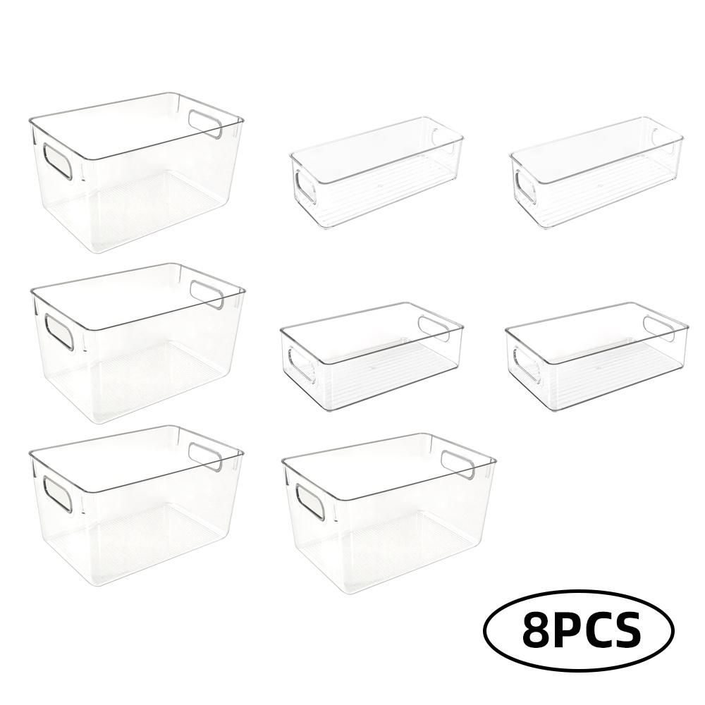8Pcs Fridge Organizer 4 Large 2 Medium 2 Small BPA Free Fridge Organizer Set with Handle PET Transparent Stackable Suitable for Cabinet Fridge Bathroom