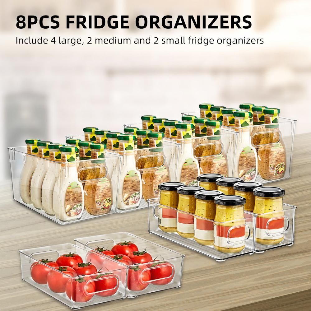 8Pcs Fridge Organizer 4 Large 2 Medium 2 Small BPA Free Fridge Organizer Set with Handle PET Transparent Stackable Suitable for Cabinet Fridge Bathroom