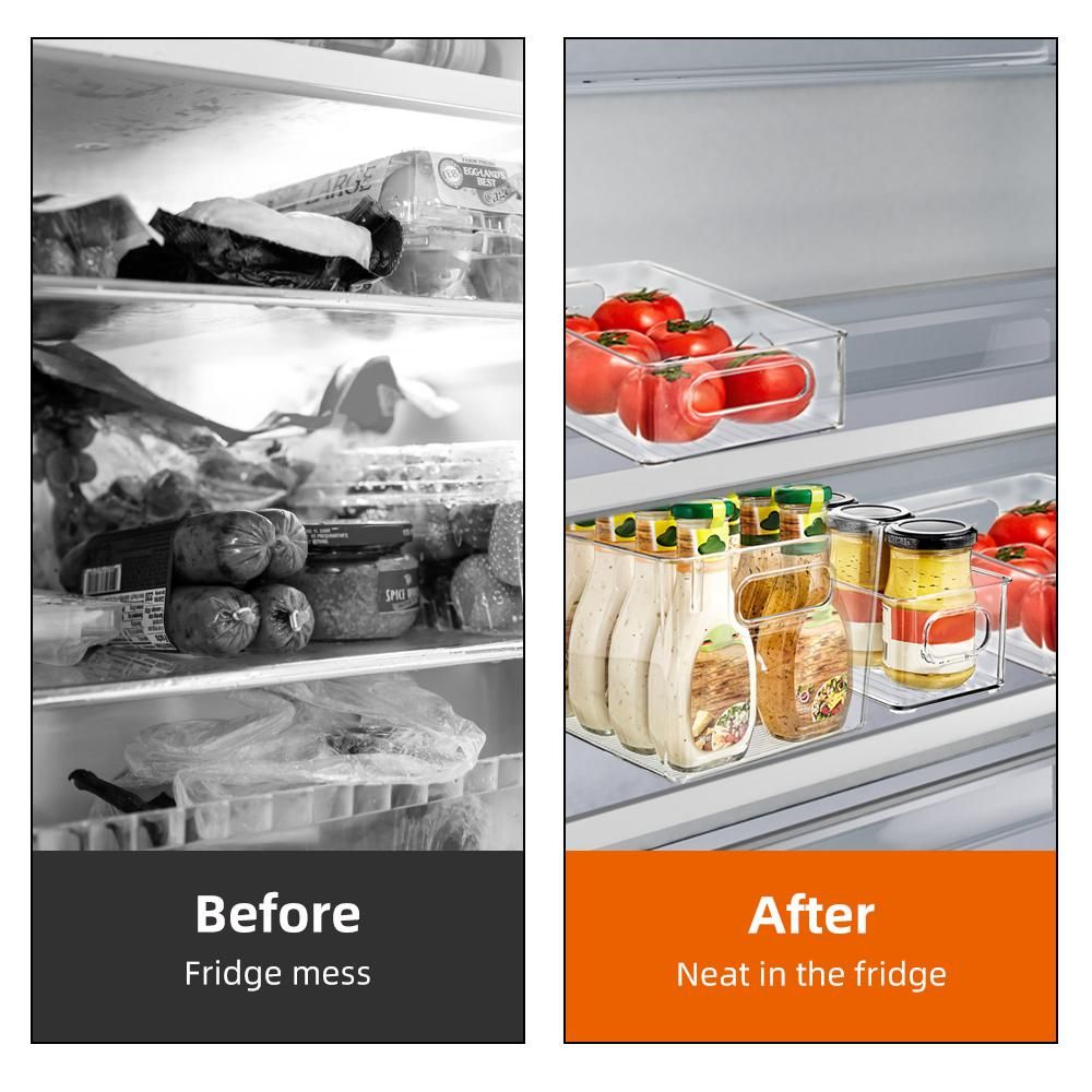 8Pcs Fridge Organizer 4 Large 2 Medium 2 Small BPA Free Fridge Organizer Set with Handle PET Transparent Stackable Suitable for Cabinet Fridge Bathroom