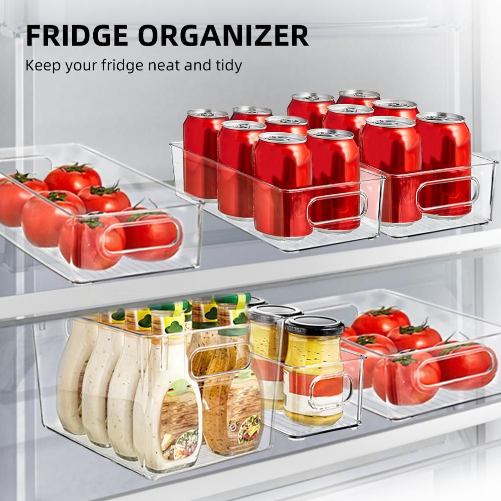 8Pcs Fridge Organizer 4 Large 2 Medium 2 Small BPA Free Fridge Organizer Set with Handle PET Transparent Stackable Suitable for Cabinet Fridge Bathroom
