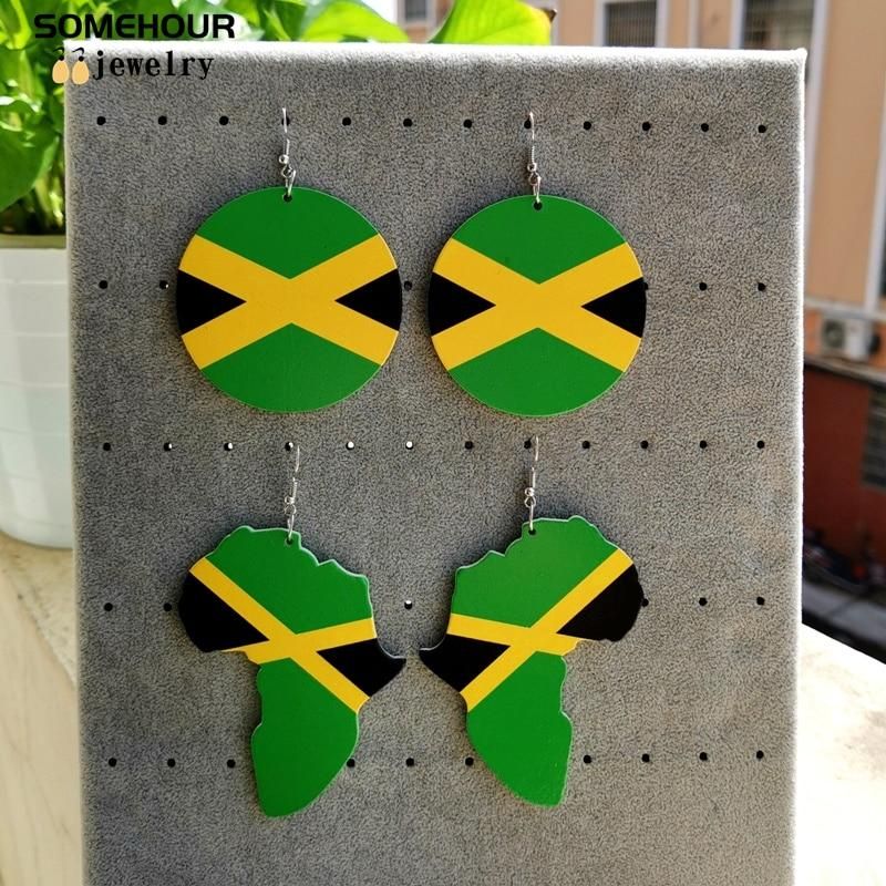 SOMEHOUR Jamaica Country Flag Print African Map Wooden Drop Earrings Trendy Loops Pendant Dangle Jewelry For Black Woman Gifts