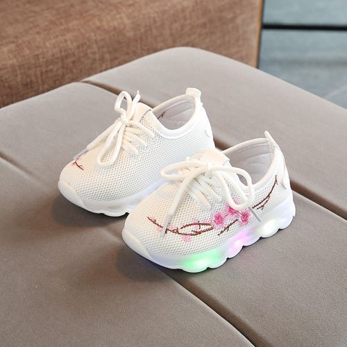 Embroidered Light-up Girls LED Flash Children's Casual White Sports Shoes White
