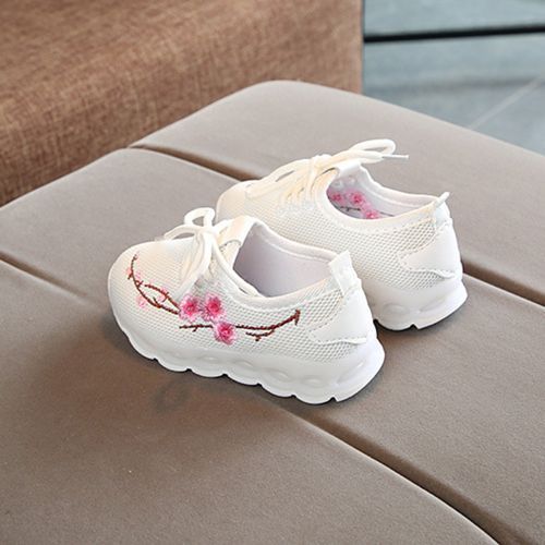 Embroidered Light-up Girls LED Flash Children's Casual White Sports Shoes White