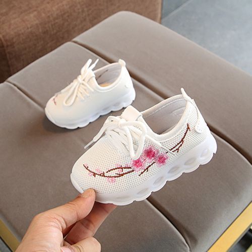 Embroidered Light-up Girls LED Flash Children's Casual White Sports Shoes White