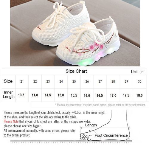 Embroidered Light-up Girls LED Flash Children's Casual White Sports Shoes White