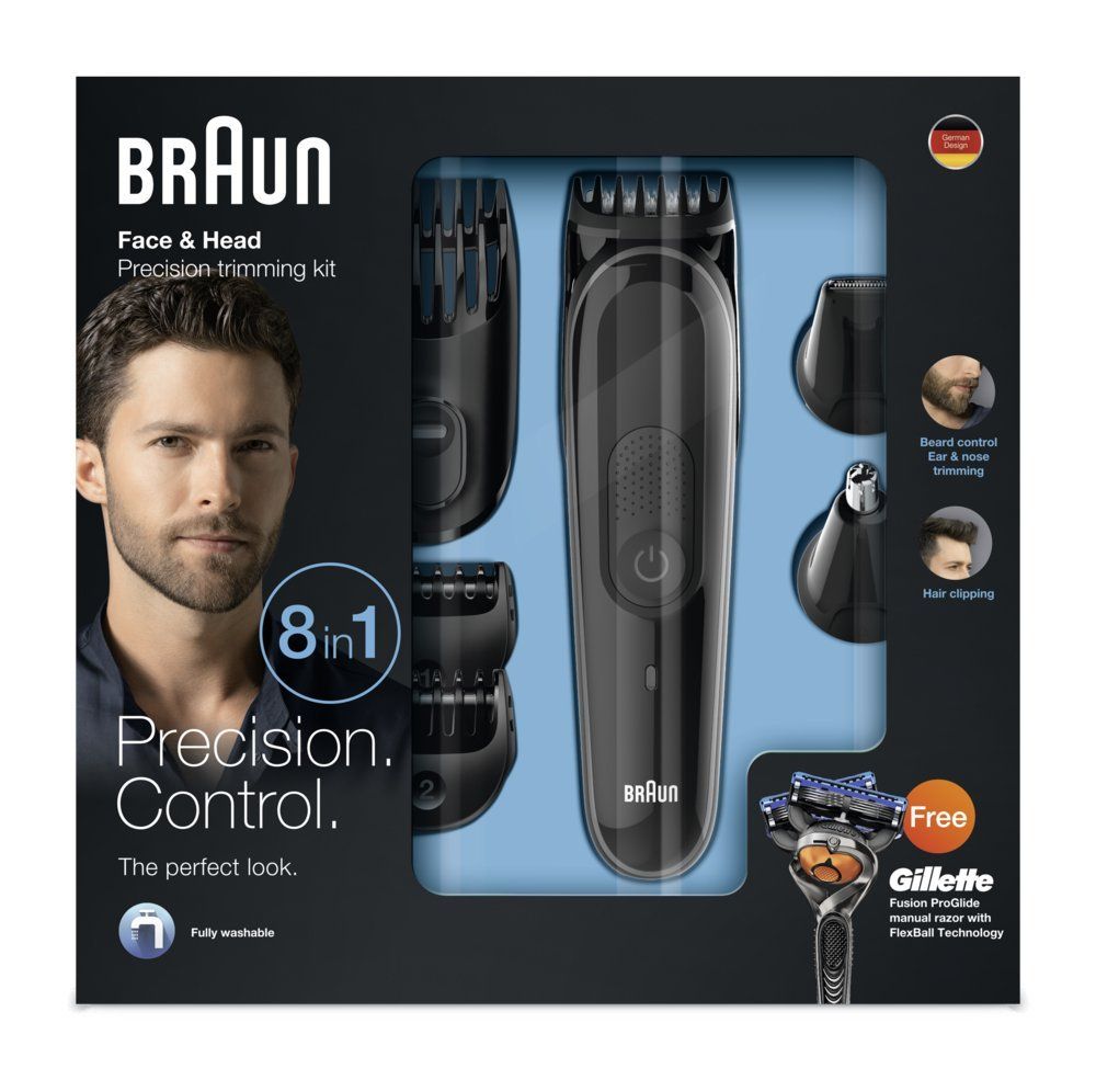 MGK3060 8-in-1 Beard Trimmer For Men, Cordless Hair Clipper, Black/Grey, With 6 Attachments And Gillette ProGlide Razor