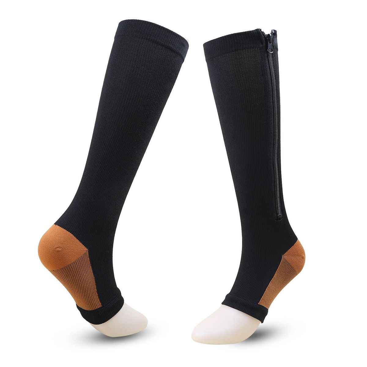 Women's Compression Socks with Zipper Open Toe Knee Length Compressive Socks