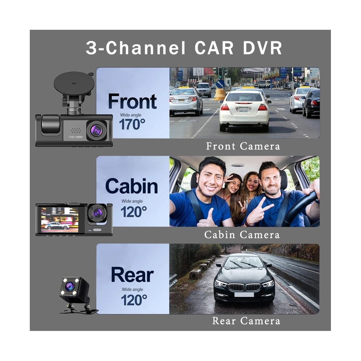 3 Channel Car DVR Camera , 1080P Dash Camera 3 Way Car