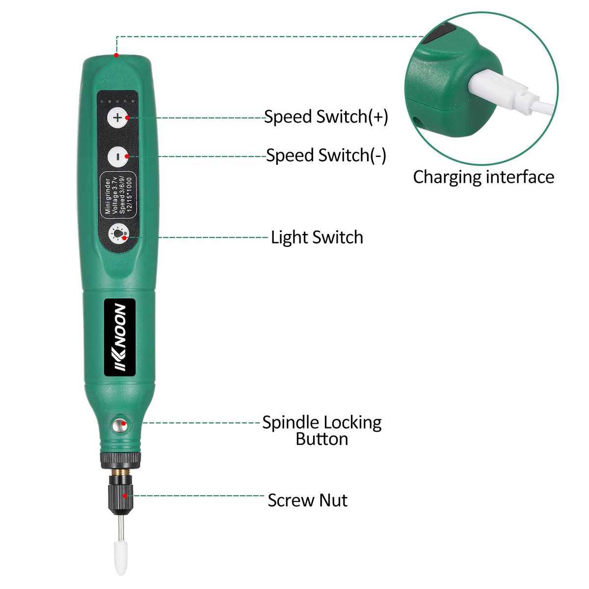 Cordless Rotary Tool 3.7V Li-Ion Power 5 Variable Speed USB Charging Multi-Purpose for Light-Duty DIY Crafting Polishing Jade Pet Nail Sharpening