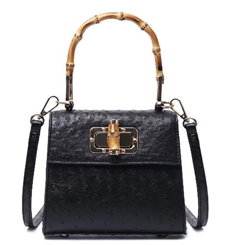 Leather Bamboo Handle Handbag - Black