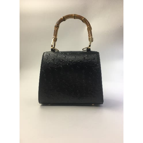 Leather Bamboo Handle Handbag - Black
