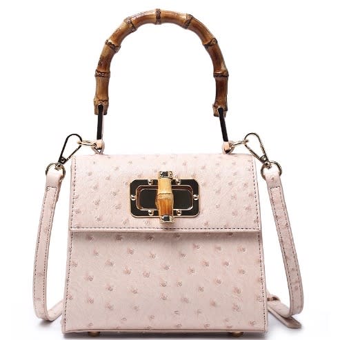 Leather Bamboo Handle Handbag -  Pink