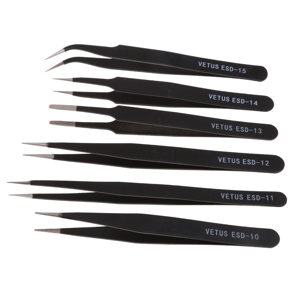 Premium 6 Pieces Stainless Steel Tweezers Set Anti-Static Forceps
